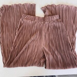 Pleated Wide-Leg Pants in beige tan satin